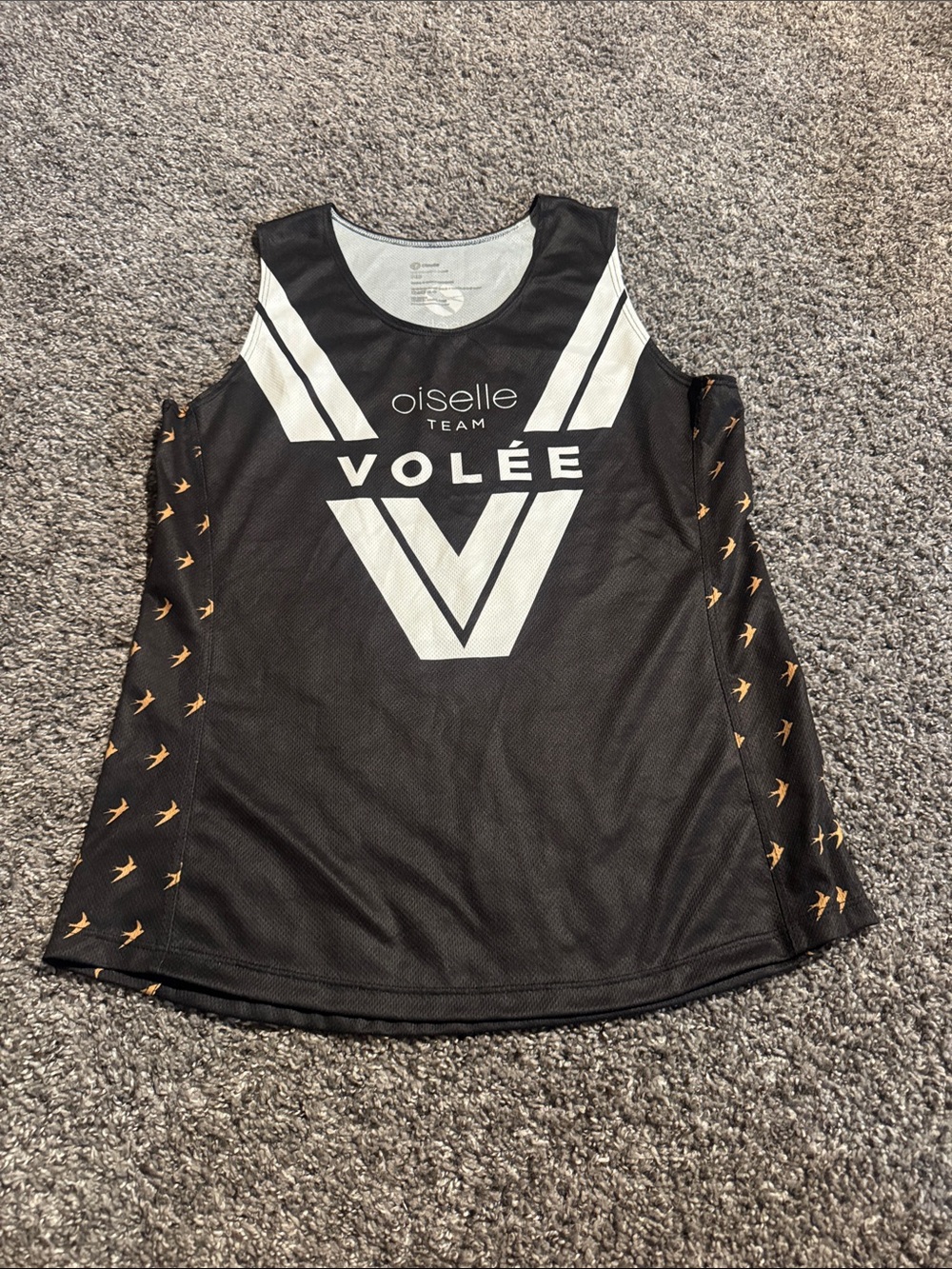 Oiselle “Team Volle” Black Tank with White Logo and Gold Accents